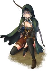 Rule 34 | 1girl, arrow (projectile), blue eyes, boots, bow (weapon), breasts, cleavage, cloak, fingerless gloves, full body, fuuka (sennen sensou aigis), garter straps, gloves, hood, hooded cloak, hoodie, kneeling, large breasts, legs, long hair, looking at viewer, parted lips, quiver, sennen sensou aigis, skirt, solo, thighhighs, thighs, transparent background, weapon, white background, white hair