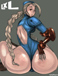 Rule 34 | 1girl, ahoge, armor, ass, ass grab, back, back cutout, backless leotard, bad anatomy, bad proportions, blonde hair, blue eyes, boots, braid, cammy white, capcom, character name, clothing cutout, company name, curvy, fingerless gloves, from behind, garrison cap, gloves, grey background, hand on own ass, hat, highleg, highleg leotard, highres, huge ass, indian style, knee boots, leotard, long hair, looking back, parted lips, poorly drawn, pov, red eyes, ribbed leotard, sam wells, simple background, sitting, solo, street fighter, thick thighs, thighs, thong, thong leotard, turtleneck, twin braids, vambraces, very long hair, wide hips