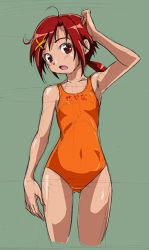 Rule 34 | 10s, 1girl, armpits, blush, covered navel, cowboy shot, cropped legs, green background, hino akane (smile precure!), looking at viewer, one-piece swimsuit, open mouth, orange one-piece swimsuit, precure, red eyes, red hair, rohitsuka, short hair, sketch, smile precure!, solo, swimsuit, swimsuit writing