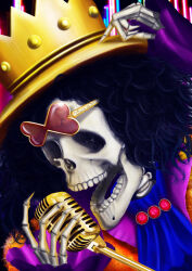Rule 34 | 1boy, afro, ascot, black hair, blue ascot, brook (one piece), crown hat, eyewear on head, heart, heart-shaped eyewear, highres, holding, holding microphone, male focus, microphone, nntrung04, one piece, open mouth, pink-tinted eyewear, skeleton, solo, sunglasses, tinted eyewear, yellow-framed eyewear