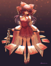 Rule 34 | 1girl, absurdres, ascot, bow, breasts, brown hair, closed mouth, collar, detached sleeves, gohei, hair bow, hair tubes, hakurei reimu, highres, light, light particles, long hair, looking at viewer, medium breasts, nontraditional miko, ofuda, qiu ju, red bow, red eyes, red shirt, red skirt, ribbon-trimmed sleeves, ribbon trim, sarashi, shirt, sidelocks, signature, skirt, skirt set, sleeveless, socks, solo, touhou, white collar, white socks