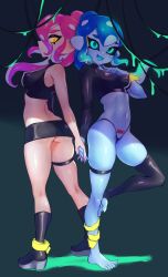 Rule 34 | 2girls, :d, agent 8 (splatoon), aqua hair, ass, back-to-back, bad id, bad twitter id, bare shoulders, black footwear, black legwear, black panties, black sclera, black skirt, blue eyes, blue hair, blue skin, boots, breasts, butt crack, closed mouth, colored sclera, colored skin, covered erect nipples, dual persona, eyes visible through hair, full body, furrowed brow, gradient hair, hair between eyes, hand up, highres, holding hands, jtveemo, kneepits, long hair, long sleeves, looking at viewer, medium breasts, microskirt, multicolored hair, multiple girls, navel, nintendo, number tattoo, octoling, octoling player character, open mouth, panties, pencil skirt, ponytail, pubic tattoo, single sleeve, single thighhigh, skindentation, skirt, smile, splatoon (series), splatoon 2, splatoon 2: octo expansion, standing, stirrup legwear, stomach, suction cups, tattoo, tentacle hair, thigh strap, thighhighs, thighs, thong, toeless legwear, turtleneck, two-tone hair, underwear