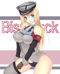 Rule 34 | 10s, 1girl, anchor, armband, bare shoulders, bismarck (kancolle), black panties, blonde hair, blue eyes, blush, character name, cross, fang, grey thighhighs, hat, iron cross, kantai collection, long hair, military hat, miyukicat, open mouth, panties, peaked cap, personification, solo, thighhighs, underwear