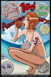 Rule 34 | 1girl, barefoot, bikini, colorized, day, eating, female focus, food, fruit, highres, nami (one piece), ocean, one piece, sitting, solo, swimsuit, takahashi ichirou, tattoo, third-party edit