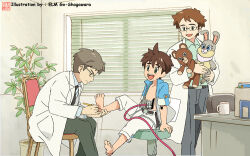 Rule 34 | 3boys, ahoge, android, barefoot, black necktie, brown hair, chair, child, cup, glasses, goshogawara elm, green eyes, holding, holding another&#039;s foot, holding stuffed toy, lab coat, male focus, multiple boys, necktie, open clothes, open shirt, original, pants, plant, short hair, short sleeves, sitting, smile, stuffed animal, stuffed rabbit, stuffed toy, teacup, teddy bear, teeth, toes, upper teeth only, window, window blinds, wire