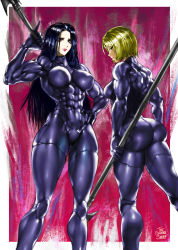 Rule 34 | 2girls, asami (one-punch man), ass, black hair, blonde hair, bodysuit, breasts, from behind, gloves, hand on own hip, highres, large breasts, lipstick, long hair, looking at viewer, makeup, medium breasts, multiple girls, muscular, muscular female, narrow waist, noria (one-punch man), one-punch man, polearm, short hair, signature, skin tight, smile, spear, the golden smurf, thighs, weapon, yellow eyes