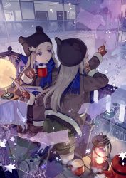 2girls, balcony, black headwear, blonde hair, blue eyes, blue scarf, book, brown coat, brown gloves, brown legwear, brown shorts, cherico, coat, commentary request, cup, fingerless gloves, gloves, green legwear, green shorts, highres, lantern, leg up, long sleeves, looking to the side, multiple girls, open book, original, outdoors, scarf, shoes, shorts, siblings, sisters, sneakers, snowing, teapot, thighhighs, twins, white footwear
