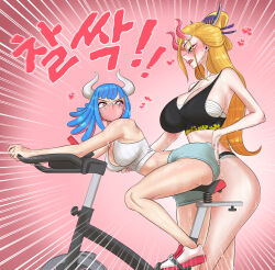 Rule 34 | 2girls, ass, assertive female, bent over, bicycle, black bra, black maria (one piece), blonde hair, blue eyes, blue hair, blush, bra, breasts, exercising, exercise bike, hand on another&#039;s ass, highres, horns, large breasts, licking lips, long hair, multiple girls, one piece, oni horns, pink eyes, pink nails, shorts, spanking, sports bra, sweat, taejaho, tongue, tongue out, ulti (one piece), underwear, workout clothes, yuri