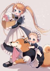 Rule 34 | 1girl, 1other, ^ ^, animal, apron, baby, basket, black dress, black footwear, blonde hair, blue eyes, blush, bow, closed eyes, closed mouth, clothed animal, collared dress, commentary request, dog, dress, ear bow, frilled apron, frills, from side, furukawa raku, grey background, highres, holding, holding basket, juliet sleeves, laundry basket, long hair, long sleeves, looking at animal, looking down, looking to the side, maid, maid apron, maid headdress, mary janes, mouth hold, open mouth, orange hair, original, pantyhose, pink shorts, puffy short sleeves, puffy sleeves, ribbon trim, riding, running, shiba inu, shoes, short hair, short sleeves, shorts, unworn shorts, sidelocks, swept bangs, twintails, very long hair, waist apron, walking, white apron, white pantyhose