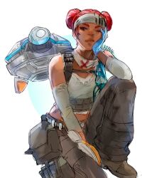 Rule 34 | 1girl, apex legends, artist name, blue gloves, boots, brown footwear, commentary, d.o.c. health drone, dark-skinned female, dark skin, detached sleeves, double bun, english commentary, gloves, grey headband, grey tank top, hair behind ear, hair bun, headband, highres, invisible chair, lifeline (apex legends), looking at viewer, midriff peek, non-humanoid robot, one eye closed, red hair, robot, simple background, sitting, solo, tank top, ukabare, white background