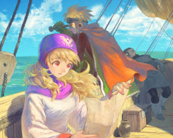 Rule 34 | 1girl, 2boys, arm support, blonde hair, cape, cloud, crate, day, dragon quest, dragon quest ii, gloves, goggles, goggles on headwear, horizon, jar, leaning back, long hair, looking afar, map, multiple boys, ocean, open mouth, prince of lorasia, prince of samantoria, princess of moonbrook, purple eyes, ship, sky, sleeping, telescope, water, watercraft, wind, yuza