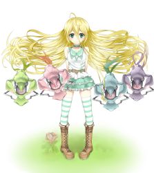 Rule 34 | 1girl, ahoge, arms behind back, blonde hair, boots, floating hair, green eyes, highres, knee boots, long hair, looking at viewer, original, pigeon-toed, simple background, skindentation, skirt, solo, striped clothes, striped thighhighs, thighhighs, very long hair, white background, yuukyuu ponzu
