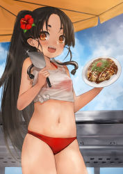Rule 34 | 1girl, black hair, brown eyes, cowboy shot, day, flower, food, hair flower, hair ornament, high ponytail, holding, holding plate, kantai collection, long hair, navel, nisshin (kancolle), okonomiyaki, open mouth, plate, red flower, short eyebrows, sidelocks, smile, solo, sparkle, teeth, thick eyebrows, toka (marchlizard), upper teeth only, very long hair