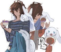 Rule 34 | !, !!, 1boy, 1other, ahoge, animal, blue eyes, blue shirt, bright pupils, brown hair, cinnamoroll, closed mouth, coffee, cowboy shot, crossover, cup, english text, granblue fantasy, highres, holding, holding cup, light frown, looking to the side, male focus, messy hair, multiple views, rabbit, red eyes, sandalphon (granblue fantasy), sanrio, shirt, short hair, sketch, spoken exclamation mark, striped clothes, striped shirt, sweatdrop, upper body, wahoosandalphon, white background, white pupils