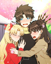 Rule 34 | 1boy, 2girls, @ @, absurdres, black hair, black ribbon, blonde hair, blue eyes, blush, brown coat, coat, commentary, earrings, english commentary, ereshkigal (fate), fate/grand order, fate (series), fujimaru ritsuka (male), girl sandwich, hair ribbon, highres, hoop earrings, hyperbudd, ishtar (fate), jewelry, long hair, looking at viewer, multiple girls, red coat, red eyes, red ribbon, ribbon, sandwiched, smile, sweatdrop, two side up, wavy hair, winter clothes, winter coat