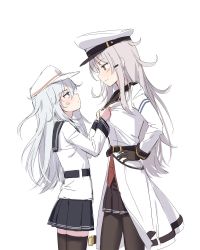 Rule 34 | 10s, 2girls, anger vein, bad id, bad pixiv id, black gloves, blue eyes, cnm, coat, cowboy shot, eye contact, from side, gangut (kancolle), gloves, hands on own hips, hat, height difference, hibiki (kancolle), highres, jacket, kantai collection, light smile, long hair, long sleeves, looking at another, military, military uniform, miniskirt, multiple girls, pantyhose, peaked cap, red eyes, school uniform, serafuku, silver hair, size difference, skirt, thighhighs, uniform, verniy (kancolle)
