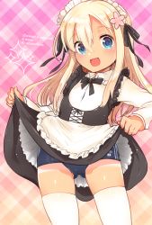 Rule 34 | 10s, 1girl, :d, alternate costume, blonde hair, blue eyes, clothes lift, dress, dress lift, enmaided, ichihaya, kantai collection, long hair, maid, maid headdress, one-piece tan, open mouth, plaid, plaid background, ro-500 (kancolle), school swimsuit, smile, solo, standing, swimsuit, swimsuit under clothes, tan, tanline, thighhighs