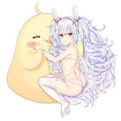 Rule 34 | 1girl, absurdres, ahoge, animal, animal ears, ass, azur lane, bare shoulders, big hair, bird, blush, bra, chestnut mouth, chick, commentary request, feet, hair between eyes, hair ornament, hairband, highres, jyt, laffey (azur lane), long hair, looking at viewer, looking to the side, no shoes, panties, parted lips, rabbit ears, red eyes, red hairband, revealing clothes, silver hair, simple background, soles, solo, thighhighs, twintails, underwear, underwear only, very long hair, white background, white bra, white panties, white thighhighs