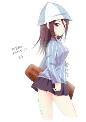Rule 34 | 10s, 1girl, blue hat, blue shirt, brown eyes, brown hair, closed mouth, dated, dress shirt, from side, girls und panzer, grey skirt, hat, holding, holding instrument, instrument, kantele, light smile, long hair, long sleeves, looking at viewer, looking back, mika (girls und panzer), miniskirt, parda siko, pleated skirt, school uniform, shirt, simple background, skirt, solo, standing, striped clothes, striped shirt, translated, twitter username, vertical-striped clothes, vertical-striped shirt, white background, white shirt