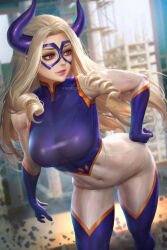 Rule 34 | 1girl, blonde hair, blurry, blurry background, bodysuit, boku no hero academia, breasts, construction site, covered navel, cowboy shot, domino mask, drill hair, gloves, hand on own hip, highres, horns, large breasts, long hair, mask, mount lady, multicolored bodysuit, multicolored clothes, neoartcore, paid reward available, patreon username, purple gloves, purple horns, purple mask, superhero costume