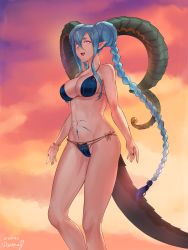 Rule 34 | + +, 1girl, :d, artist name, bare shoulders, bikini, blue bikini, blue hair, blue nails, braid, breasts, cleavage, collarbone, commentary, crossed bangs, curled horns, dated, double bun, dragon girl, dragon horns, dragon tail, duokhay, english commentary, fangs, fate/grand order, fate (series), fingernails, hair between eyes, hair bun, highres, horns, large breasts, long braid, long hair, long horns, nail polish, navel, open mouth, pink eyes, pointy ears, pubic tattoo, sharp fingernails, smile, solo, stomach tattoo, swimsuit, symbol-shaped pupils, tail, tattoo, tiamat (fate), twin braids, very long hair, x-shaped pupils