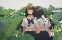 Rule 34 | 2girls, black skirt, blush, bow, bowtie, brown eyes, brown hair, closed mouth, collared shirt, dress shirt, flower, fly (marguerite), green bow, hand on another&#039;s arm, hand up, highres, long hair, looking at viewer, lotus, multiple girls, original, plant, school uniform, shirt, short sleeves, skirt, smile, standing, white shirt