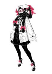 Rule 34 | 1girl, animal ears, bow, commentary request, covered mouth, full body, glasses, hair bow, high-waist skirt, high heels, highres, horns, jacket, jaco, long hair, long sleeves, looking at viewer, monochrome, open clothes, open jacket, original, pantyhose, red-framed eyewear, red bow, red eyes, shirt, shoes, simple background, skirt, sleeves past wrists, solo, standing, very long hair, white background, wide sleeves