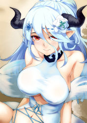 Rule 34 | 1girl, bare shoulders, blue hair, blush, breasts, closed mouth, collarbone, cross-laced clothes, draph, flower, granblue fantasy, hair between eyes, hair flower, hair ornament, highres, horns, izmir, izmir (summer) (granblue fantasy), large breasts, long hair, looking at viewer, mizuki (mizuki ame), mole, mole under mouth, navel, one-piece swimsuit, pointy ears, red eyes, sash, snake hair ornament, solo, swimsuit, very long hair, white one-piece swimsuit