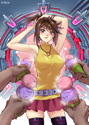 Rule 34 | 1girl, adjusting hair, alternate costume, alternate hairstyle, armpits, arms up, bare shoulders, breasts, cowboy shot, food, hair ornament, hair scrunchie, ice cream, jewelry, looking at another, looking at viewer, mazaki anzu, mibry (phrysm), necklace, open mouth, phallic symbol, ponytail, scrunchie, sexually suggestive, shirt, skindentation, skirt, sleeveless, sleeveless shirt, smile, solo, standing, sweater, thighhighs, turtleneck, turtleneck sweater, yu-gi-oh!, yu-gi-oh! duel links