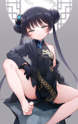 Rule 34 | 1girl, bare legs, barefoot, black dress, black gloves, black hair, blue archive, breasts, butterfly hair ornament, china dress, chinese clothes, commentary, covered navel, double bun, dragon print, dress, feet, gloves, grey eyes, hair bun, hair ornament, highres, kisaki (blue archive), kito (sorahate), long hair, long sleeves, looking at viewer, off shoulder, open mouth, pinstripe pattern, print dress, side slit, single bare shoulder, sitting, sleeveless, sleeveless dress, small breasts, solo, spread legs, striped, toes, twintails, very long hair