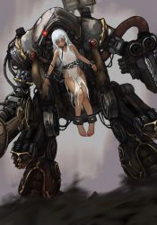 Rule 34 | 1girl, absurdres, ankle cuffs, bad id, bad pixiv id, barefoot, collar, commentary request, cuffs, dark-skinned female, dark skin, closed eyes, full body, highres, iuui, long hair, mecha, original, rags, restrained, robot, seal (animal), shackles, skull print, solo, warhammer 40k, white hair, wrist cuffs