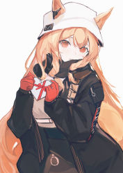 Rule 34 | 1girl, arknights, black coat, black scarf, blonde hair, box, braid, ceobe (arknights), ceobe (unfettered) (arknights), closed mouth, coat, commentary request, cowboy shot, ears through headwear, eyebrows hidden by hair, fanshu, frown, gift, gloves, hat, heart-shaped box, highres, holding, holding gift, long hair, long sleeves, looking at viewer, official alternate costume, open clothes, open coat, orange eyes, red gloves, scarf, solo, twin braids, valentine, very long hair, white hat