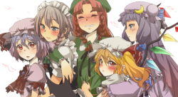 Rule 34 | 5girls, ascot, bat wings, blonde hair, blue dress, blue eyes, blue hair, blush, braid, clothes grab, crescent, dress, closed eyes, fang, female focus, flandre scarlet, green dress, grin, hair ribbon, hat, hong meiling, hug, hug from behind, izayoi sakuya, maid, multiple girls, open mouth, patchouli knowledge, pink dress, pointy ears, purple eyes, purple hair, red eyes, red hair, remilia scarlet, ribbon, rinel, shirt, side ponytail, silver hair, slit pupils, smile, touhou, twin braids, white dress, wings