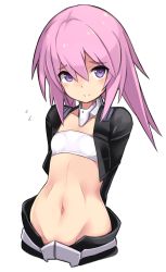 Rule 34 | 1girl, alice gear aegis, arms behind back, bandeau, black jacket, black pants, closed mouth, commentary request, groin, highres, hirasaka yotsuyu, jacket, karukan (monjya), looking at viewer, navel, pants, pink hair, purple eyes, solo, sweat, white background