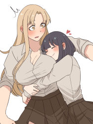 Rule 34 | 2girls, black hair, blonde hair, blush, breasts, brown skirt, cleavage, closed mouth, collared shirt, ear blush, closed eyes, grey shirt, heart, hoshizora no shita, hug, large breasts, long hair, long sleeves, medium hair, mole, mole under eye, multiple girls, open mouth, original, pleated skirt, shirt, shirt tucked in, simple background, skirt, sleeves rolled up, smile, surprised, white background, yellow eyes, yuri
