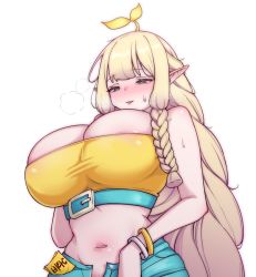 Rule 34 | 1girl, alternate costume, belt buckle, blonde hair, blue eyes, blunt bangs, blush, bracelet, braid, braided ponytail, breasts, buckle, cleavage, condom, dungeon and fighter, gyu (kgh9081), half-closed eyes, huge breasts, jewelry, knight (dungeon and fighter), korean commentary, long hair, midriff, navel, open fly, parted lips, pointy ears, sidelocks, simple background, solo, strapless, sweatdrop, tube top, upper body, very long hair, white background