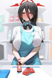Rule 34 | 1girl, absurdres, alternate costume, amondo, aqua apron, black hair, blue archive, blush, bow, bowtie, breasts, buying condoms, collared shirt, condom, condom box, convenience store, energy drink, full-face blush, halo, hasumi (blue archive), highres, holding own wrist, indoors, large breasts, looking down, ponytail, red eyes, shirt, shop, short sleeves, solo, striped bow, striped bowtie, striped clothes, white shirt