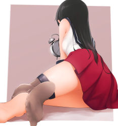 Rule 34 | 10s, 1girl, agano (kancolle), alarm clock, arm support, barefoot, black hair, clock, feet, from behind, highres, kantai collection, long hair, lying, miniskirt, no shoes, on side, pleated skirt, red skirt, school uniform, serafuku, shirt, single thighhigh, skirt, sleeveless, sleeveless shirt, soles, solo, suginoji, thighhighs, thighs, toes