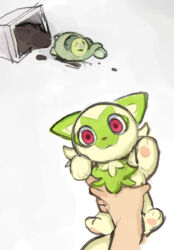 Rule 34 | :&lt;, animal, animal focus, black eyes, budew, cat, caught, closed mouth, creatures (company), disembodied hand, flower pot, full body, game freak, gen 4 pokemon, grey background, holding, holding animal, looking at viewer, lying, nintendo, no humans, on back, pawpads, plant, pokemon, pokemon (creature), potted plant, pov, red eyes, simple background, sketch, soil, solid oval eyes, spill, sprigatito, uyu (soda uyu), wide-eyed