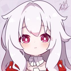 Rule 34 | 1girl, clara (honkai: star rail), coat, commentary, detached collar, english commentary, hair between eyes, highres, honkai: star rail, honkai (series), kurotofu, long hair, long sleeves, looking at viewer, portrait, red coat, red eyes, sidelocks, signature, simple background, solo, white background, white hair