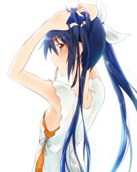 Rule 34 | 1girl, adjusting hair, back, blue hair, breasts, dress, flat chest, hair ribbon, hair tie, hairband, hand in own hair, highres, long hair, looking at viewer, mouth hold, nape, ore twintail ni narimasu, red eyes, ribbon, ribbon in mouth, sideboob, simple background, solo, tsube aika, twintails, tying hair, white background, white dress, yuto (dialique)