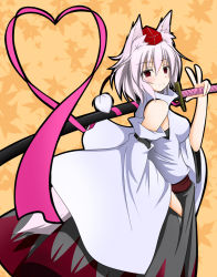 Rule 34 | 1girl, animal ears, bare shoulders, blush, breasts, detached sleeves, hands in pockets, hat, inubashiri momiji, katana, large breasts, leaf, leaf background, looking at viewer, pom pom (clothes), red eyes, short hair, silver hair, smile, solo, sword, tail, tera-gateway, tokin hat, touhou, v, weapon, wolf ears, wolf tail