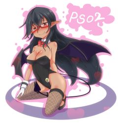 Rule 34 | 1girl, bat wings, black hair, bow, bowtie, breasts, cleavage, copyright name, demon tail, detached collar, fishnet thighhighs, fishnets, glasses, gloves, heart, i b b e, large breasts, leotard, long hair, nontraditional playboy bunny, phantasy star, phantasy star online 2, playboy bunny, pointy ears, red eyes, smile, solo, tail, thighhighs, wings, wrist cuffs