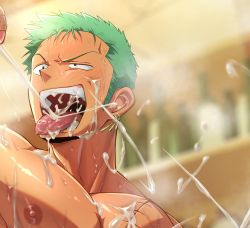 Rule 34 | 2boys, bara, blush, bukkake, cropped, cum, cum in mouth, cum on body, cum on male, cum on pectorals, cum string, cumdrip, foreskin, green hair, group sex, handjob, highres, long sideburns, male focus, multiple boys, muscular, muscular male, nipples, nude, one piece, out-of-frame censoring, pectorals, projectile cum, roronoa zoro, short hair, sideburns, solo focus, stitches, tongue, tongue out, tsukikiba ron, yaoi