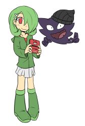 Rule 34 | 1girl, absurdres, airalin (mark folks), animalization, artist self-insert, beanie, boots, commentary request, creatures (company), earrings, game freak, gardevoir, gen 1 pokemon, gen 3 pokemon, green hair, hair ornament, hair over one eye, hairclip, handheld game console, hat, haunter, highres, hood, hoodie, humanization, jewelry, knee boots, looking at viewer, nintendo, nintendo 3ds, open mouth, pigeon-toed, pokemon, pokemon (creature), rakkuguy, red eyes, role reversal, short hair, simple background, skirt, smile, white background