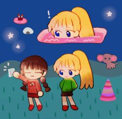Rule 34 | !, 2girls, animal, arms behind back, blonde hair, blue eyes, braid, brown hair, chibi, closed mouth, commentary request, facing viewer, food, green sweater, highres, hill, light switch, long hair, looking at another, low twin braids, madotsuki, mouth under water, multiple girls, multiple views, onigiri, pink sweater, pink water, poniko, ponytail, projected inset, red footwear, red skirt, shoes, skirt, sky, smile, standing, star (sky), star (symbol), starry sky, sweater, twin braids, xgshjsgha, yume nikki