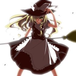 Rule 34 | 1girl, bad id, bad pixiv id, blonde hair, bloom, broom, female focus, grin, hand on headwear, hat, highres, kirisame marisa, ribbon, sakurame, simple background, skirt, smile, solo, touhou, white background, witch, witch hat