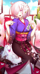 Rule 34 | 1girl, :d, absurdres, ahoge, bamboo, breasts, fate/grand order, fate (series), flower, fou (fate), hair flower, hair ornament, hair over one eye, hatsumoude, highres, japanese clothes, kimono, mash kyrielight, mash kyrielight (grand new year), medium breasts, nengajou, new year, obi, official alternate costume, open mouth, paperfinger, pink eyes, pink hair, sash, smile, solo, translated, type-moon, wide sleeves