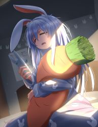 Rule 34 | 1girl, alternate costume, alternate hairstyle, animal ear fluff, animal ears, blue hair, cellphone, closed eyes, commentary, drooling, hair down, highres, holding, holding phone, hololive, kay yu, long hair, messy hair, mouth drool, multicolored hair, hugging object, on bed, open mouth, pajamas, phone, pillow, pillow hug, rabbit ears, rabbit girl, sitting, sleepy, smartphone, solo, thick eyebrows, two-tone hair, usada pekora, virtual youtuber, waking up, wariza, white hair