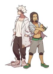 Rule 34 | 2boys, bespectacled, black hair, brown hair, brown pants, capri pants, collarbone, commentary, creatures (company), facial hair, game freak, glasses, goatee, green footwear, guzma (pokemon), hood, hooded jacket, jacket, kukui (pokemon), lab coat, looking at viewer, male focus, medium hair, multicolored hair, multiple boys, nintendo, open clothes, open jacket, pants, parted lips, pokemon, pokemon sm, shirt, shoes, short sleeves, smile, ssalbulre, standing, two-tone hair, undercut, white hair, white shirt